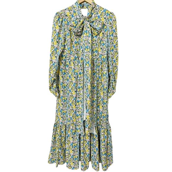 BEULAH Women’s Dress Small Yellow Floral Tie-Neck Midi V-Neck Vintage Inspired - Picture 1 of 10